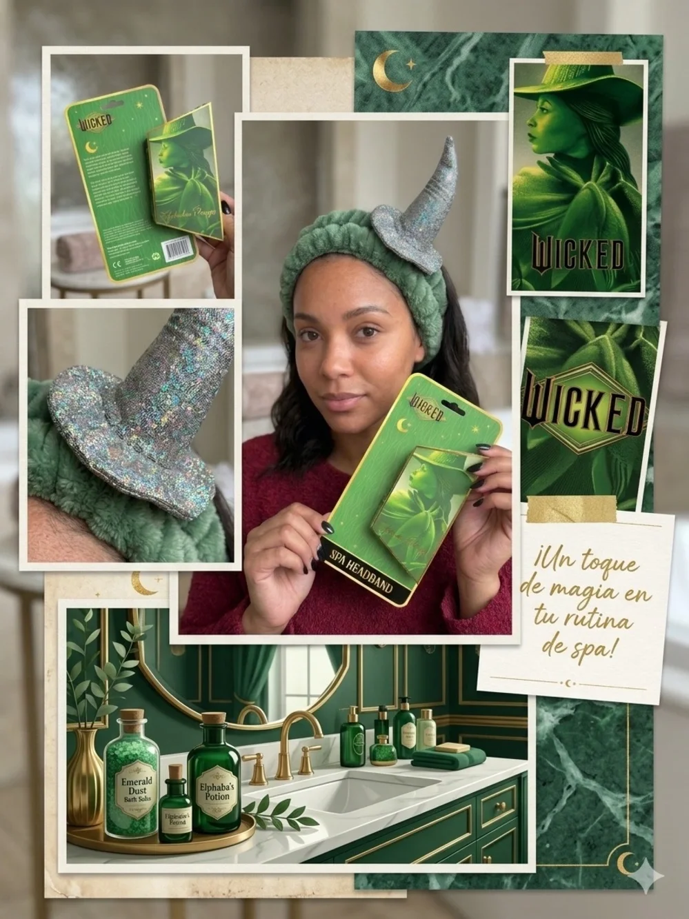 Wicked Movie Elphaba Green Plush Spa Headband with Glitter Witch Hat NWT